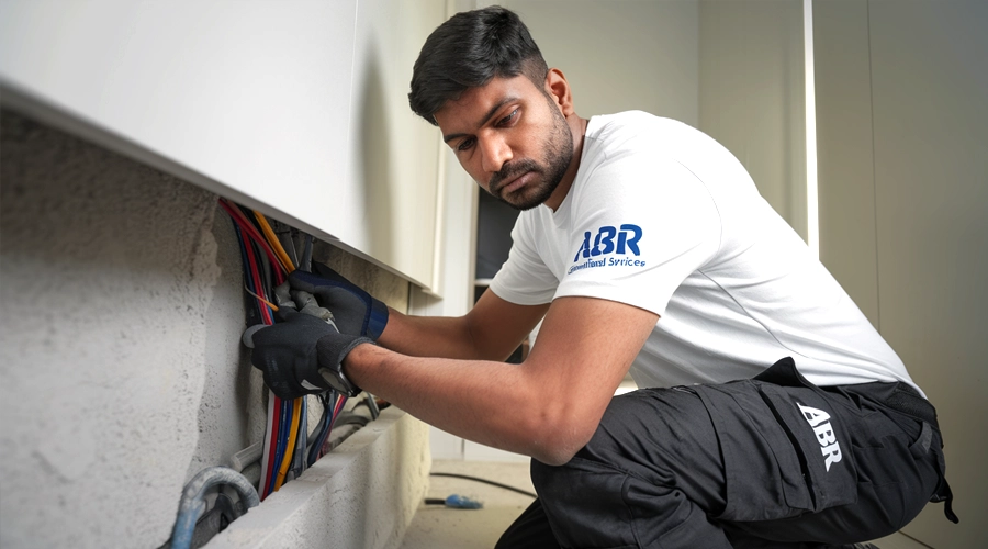 ABR electrician working on a rewiring task in a villa at Al Safa, Dubai