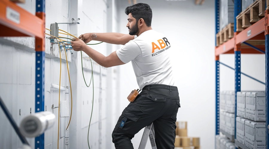 ABR electrician rewiring electrical systems in a warehouse at Al Quoz, Dubai
