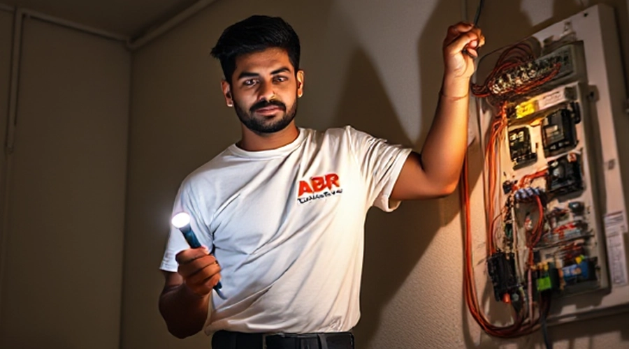 ABR electrician troubleshooting an emergency power failure on Al Khayal Road, Dubai